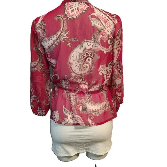 ❤️ 4/$20 New York & Co top Women's XS Sheer chiffon paisley buttons 3/4 sleeve - Picture 10 of 14